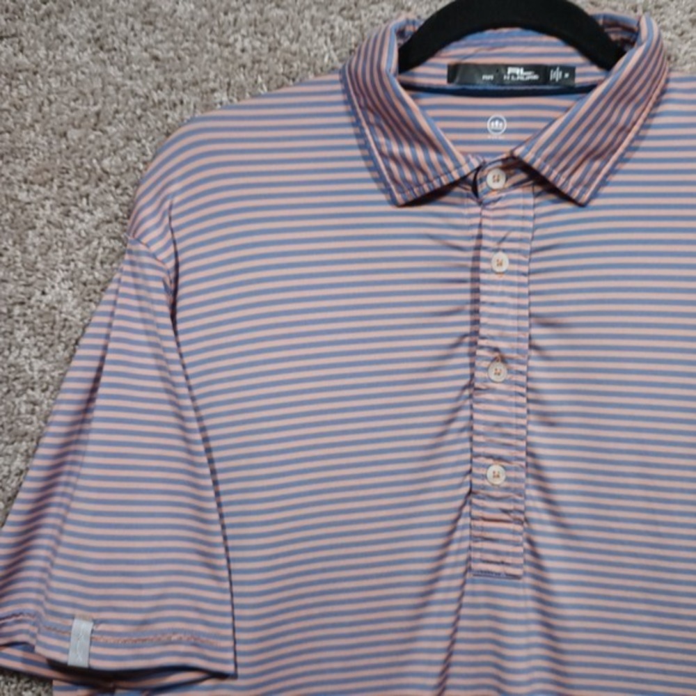Ralph Lauren RLX Wicking Short Sleeve Polo Shirt. Orange Blue Striped. Medium